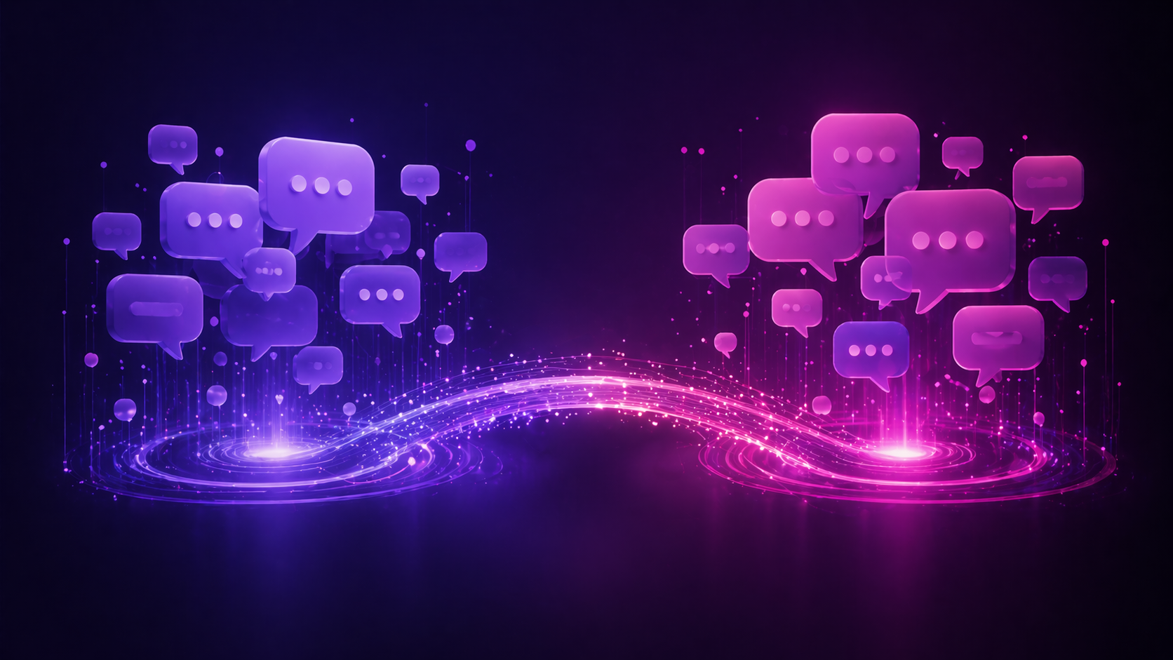 Líneas de conexión digitales organizando burbujas de chat en una estructura lógica.