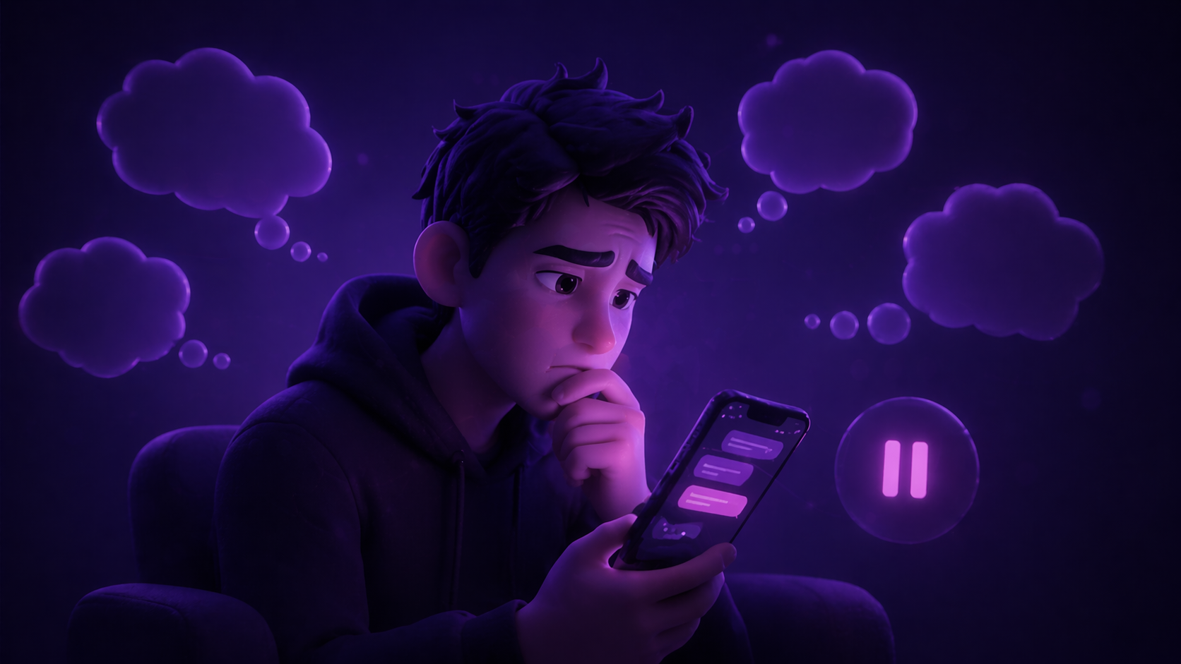 Una persona mirando el celular y quedándose en pausa antes de responder.